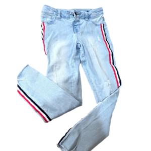 Cat & Jack girls denim jeans with red, white, and black stripes down sid…